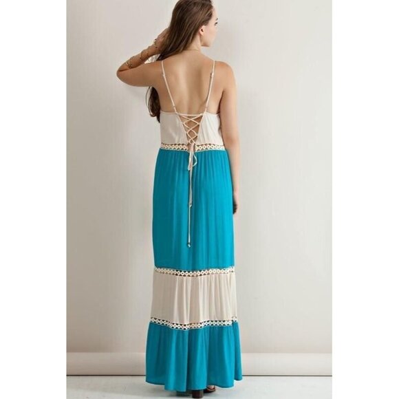 Turquoise Jade Cream ENTRO Color Block BOHO Tie Back Cruise Festival Maxi Dress - Picture 3 of 5